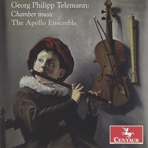 CD cover: boy with recorder, violin, and flute, Telemann chamber music.