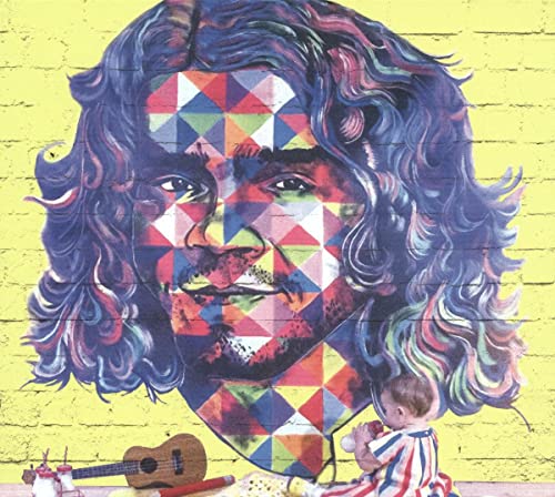 Colorful geometric portrait of a man with long hair and a small doll.