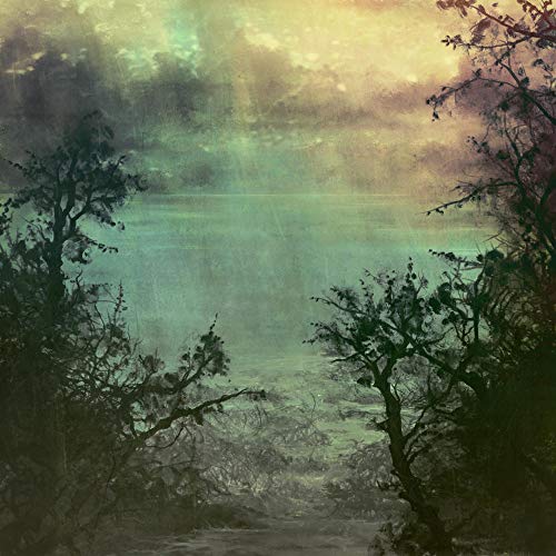 Ethereal landscape with trees framing a misty, turquoise body of water.