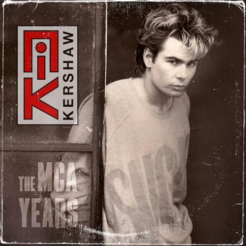 Black and white portrait of Nik Kershaw with red logo and text overlay.