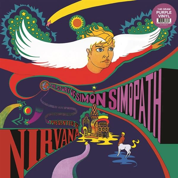 Nirvana album cover: colorful illustration of a man with wings and text.