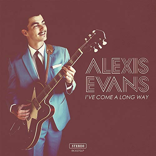 Alexis Evans album cover featuring a man with a guitar in a suit.