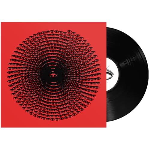 Red album cover with repeating eye motifs and a black vinyl record.