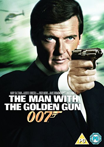 Roger Moore as James Bond holding a golden gun on DVD cover.