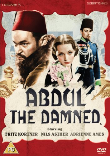 Blu-ray cover for "Abdul The Damned" featuring three actors in period dress.