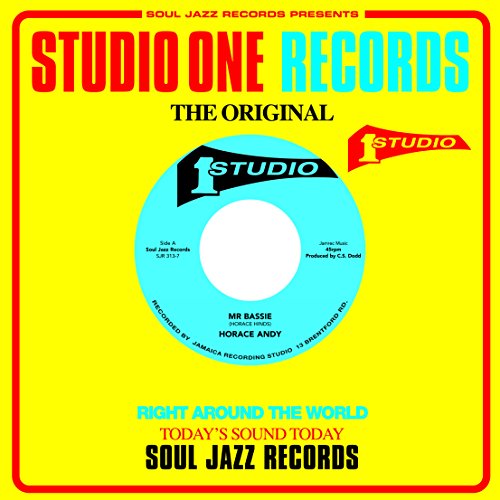 A light blue Studio One record label centered on a bright yellow background.