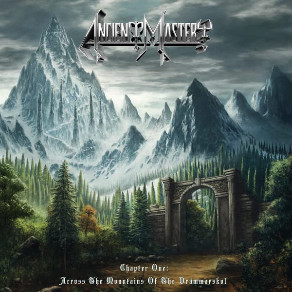 CD cover: snow-capped mountains, forest, stone archway, and band logo.