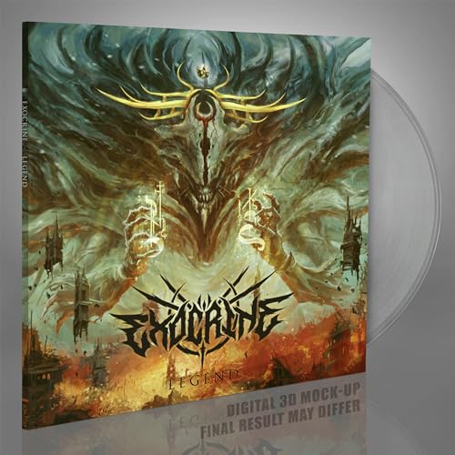 Dark fantasy album cover with skeletal hands holding candles, vinyl record beside.