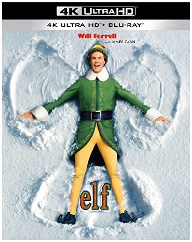 Blu-ray cover for "Elf" featuring Will Ferrell in a snow angel pose.