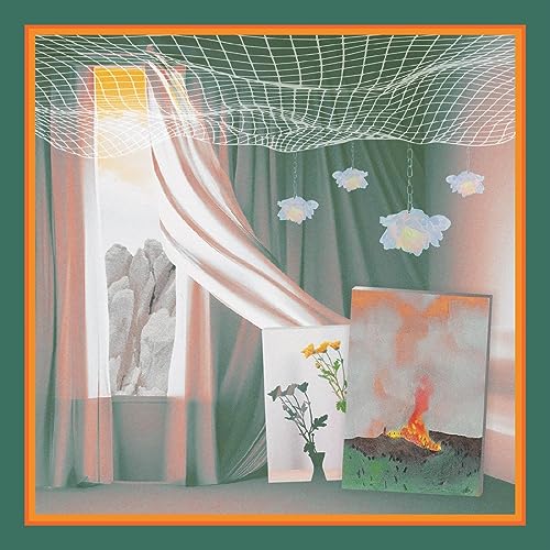 Album cover with surrealist imagery of curtains, flowers, and a landscape.