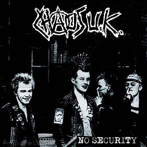 Chaos UK “No Security” vinyl album cover with a punk band photo.