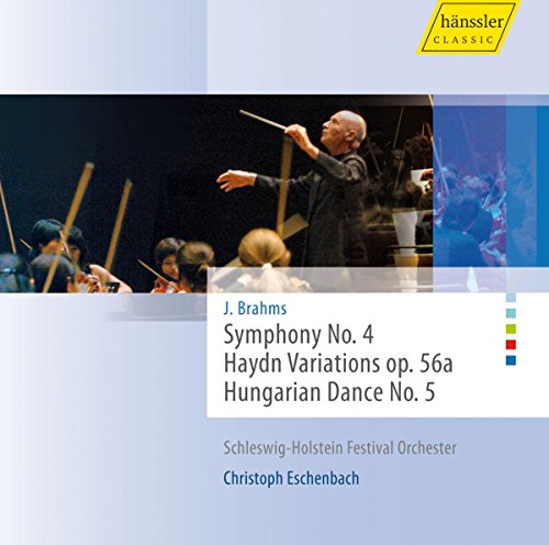 CD cover: orchestra conductor with musicians, text listing Brahms compositions.