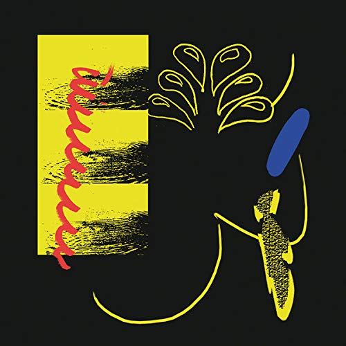 Black background with abstract yellow, red, and blue line art design.