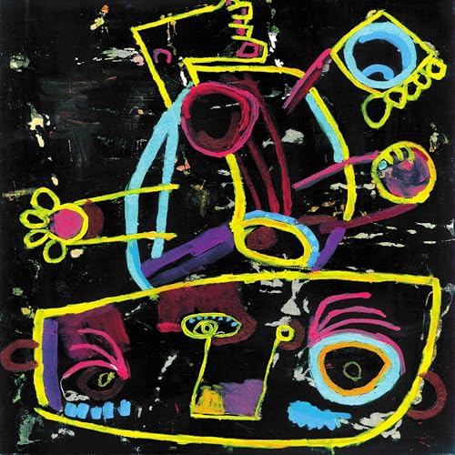Abstract vinyl record cover with colorful, gestural lines on a black background.