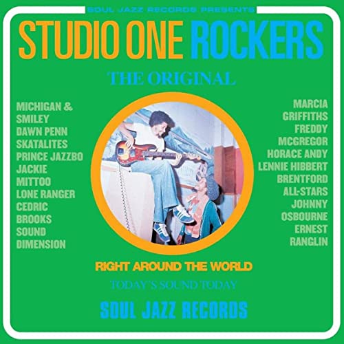 Green vinyl record cover featuring a man playing guitar, list of artists.