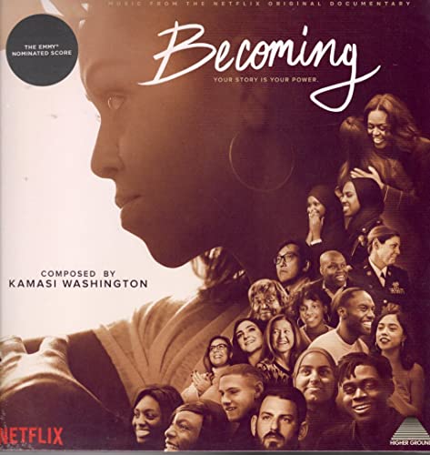 Vinyl record cover for "Becoming" score by Kamasi Washington, featuring portraits.