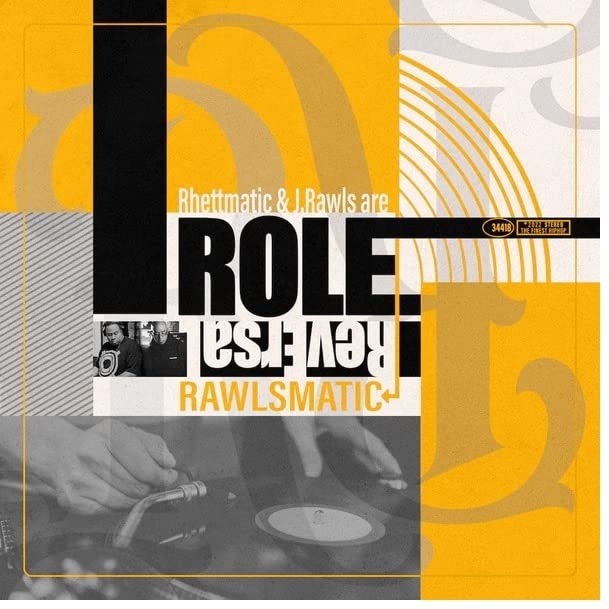 Vinyl record cover with bold text, a DJ, and abstract geometric shapes.