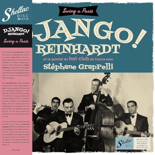 Vintage record cover featuring Django Reinhardt and his quintet, black and white photo.