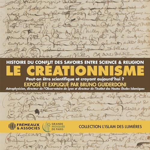 Book cover with handwritten text background and title “Le Créationnisme” in gold.