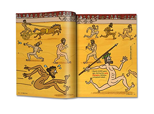Open history book page with cartoon illustrations of ancient athletic events.