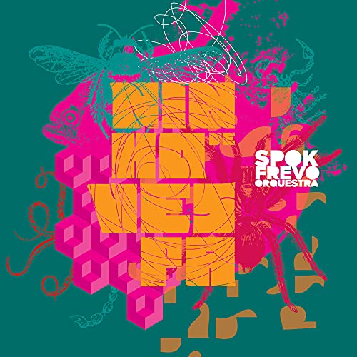 CD cover with abstract geometric shapes, bees, and band name "Spokfrevo Orquestra".