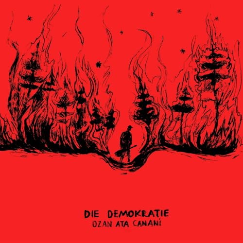 Red album cover with a sketch of a person and burning trees.