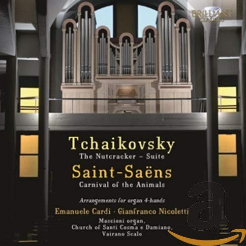 CD cover featuring a pipe organ and composers Tchaikovsky and Saint-Saëns.