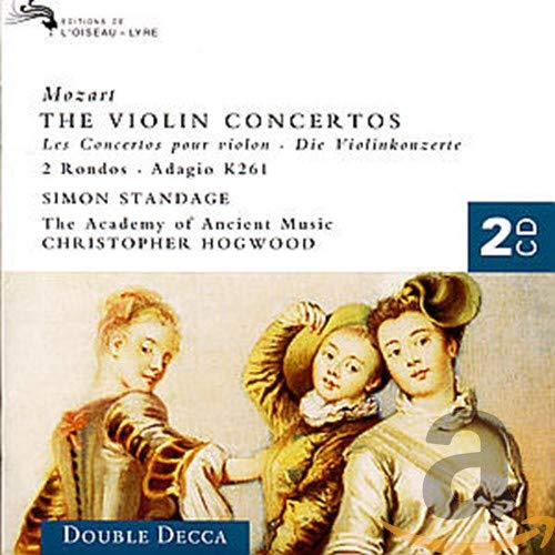 CD cover for Mozart’s violin concertos featuring three 18th-century figures.