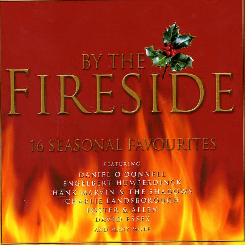 Red CD cover with gold text, holly, and flame imagery.