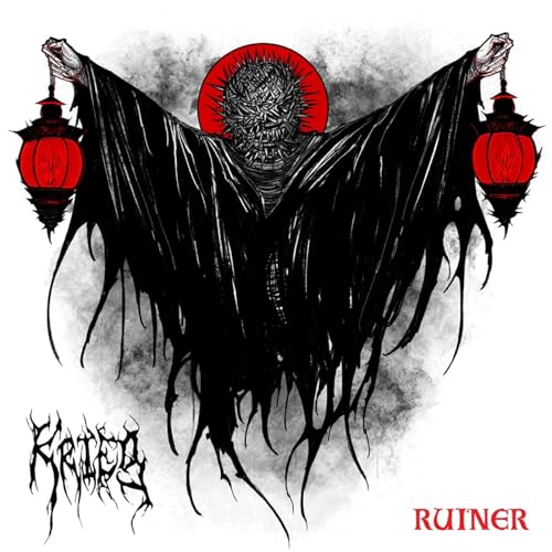 DarkLooming cloaked figure with a spiked head holding two red lanterns on white background.