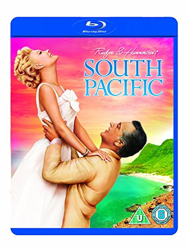 South Pacific" Blu-ray cover featuring a couple embracing, tropical scenery.