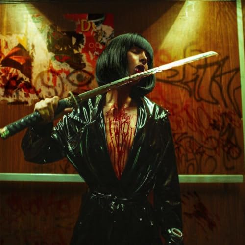 CD cover: woman with sword, blood, and graffiti background.