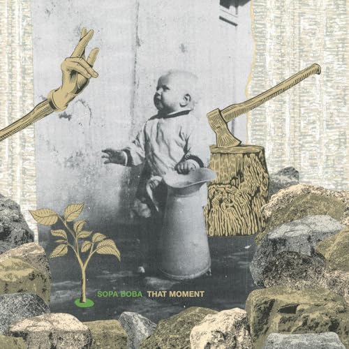 Collage featuring a baby, hand, axe, and tree stump with text.