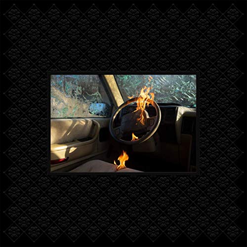 Burning steering wheel inside a car, framed by a dark floral pattern.