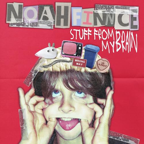 Album cover with collage of face, objects, and cut-out text on red background.
