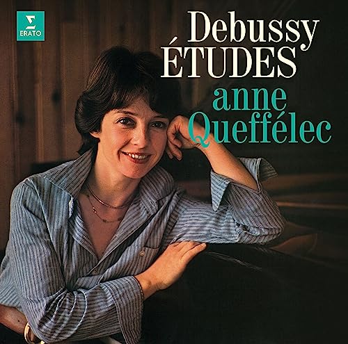 Album cover featuring pianist Anne Queffélec, with “Debussy Études” text.