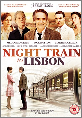 Night Train to Lisbon" DVD cover featuring actors and a train scene.
