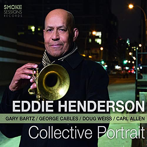 Eddie Henderson portrait with trumpet, city lights blurred in background.