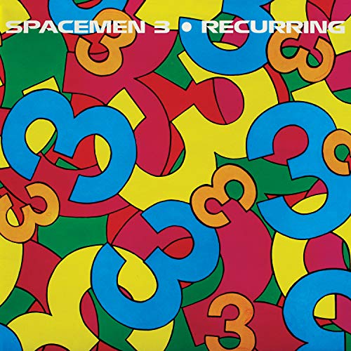 Album cover for “Recurring” by Spacemen 3, repeating colorful number 3s.