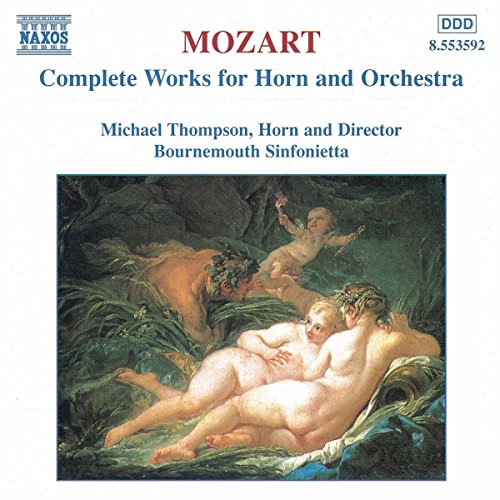 CD cover for Mozart’s horn works featuring classical painting of figures.