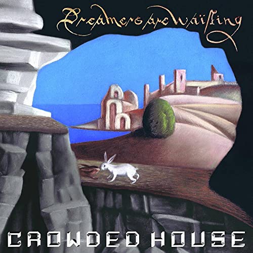 Album cover: surreal landscape with a white rabbit and distant buildings.