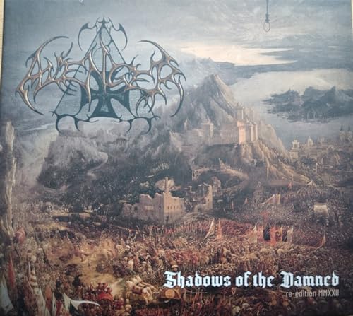 Avenger album cover: dark landscape with ornate logo and hanging figure.