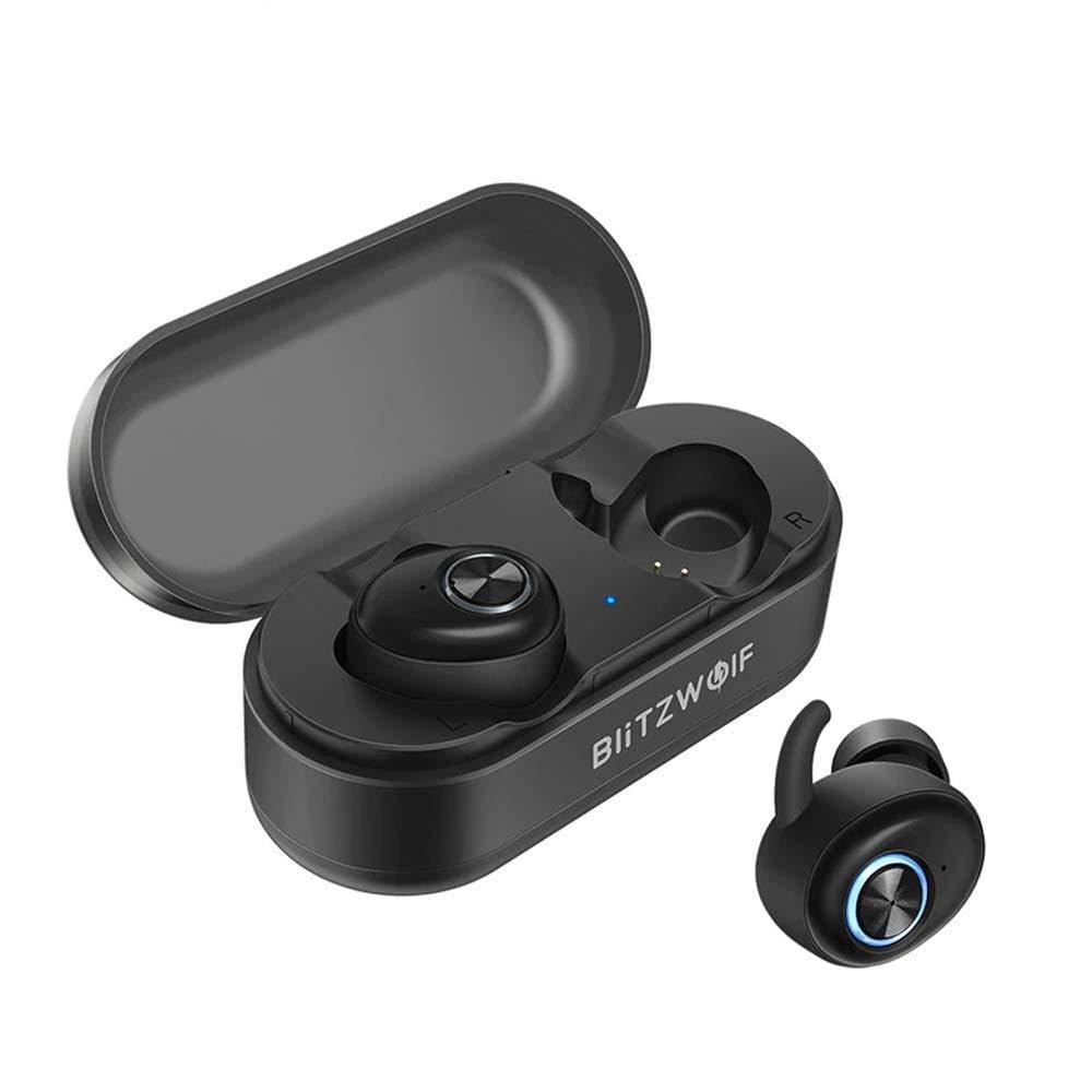Black wireless earbuds in open charging case, one earbud separate.