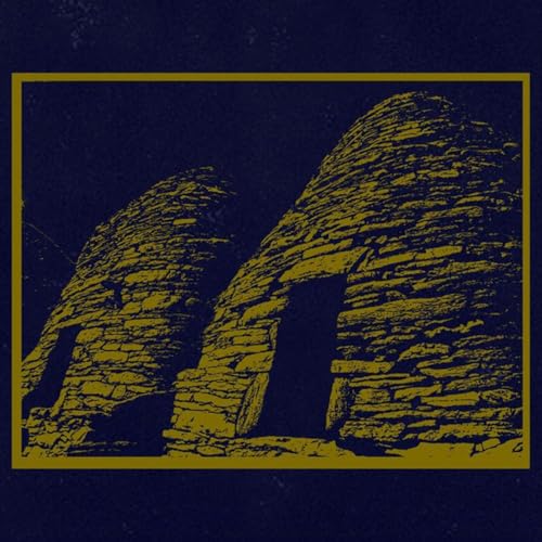 Yellow illustration of two stone structures with dark openings, framed in black.