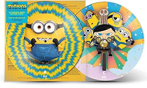 Two colorful vinyl records featuring characters from Minions: The Rise of Gru.