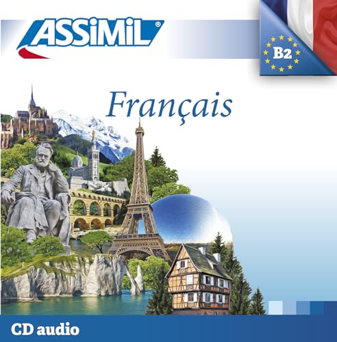Assimil Français language course cover with French and European imagery.
