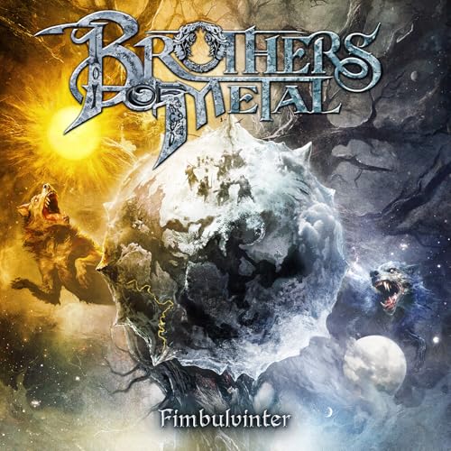 Brothers Of Metal album cover: wolves, icy landscape, sun, and moon.