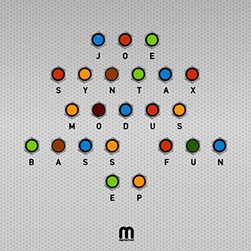 Album art for "Joe Syntax - Modus Bass Fun" with colored circles and text.