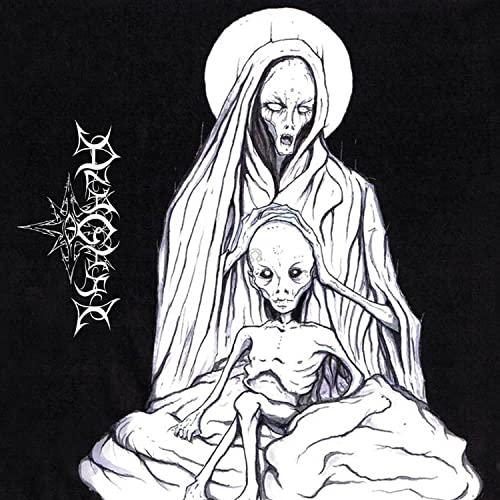 Black and white illustration of a skeletal figure with a shrouded woman.
