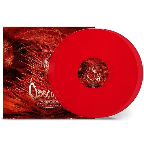 Red vinyl record and album cover with dark, swirling imagery.